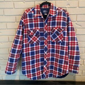 Vintage JC Penny Shacket Men Medium Button Up Red Plaid Quilt Lined Shirt Jacket